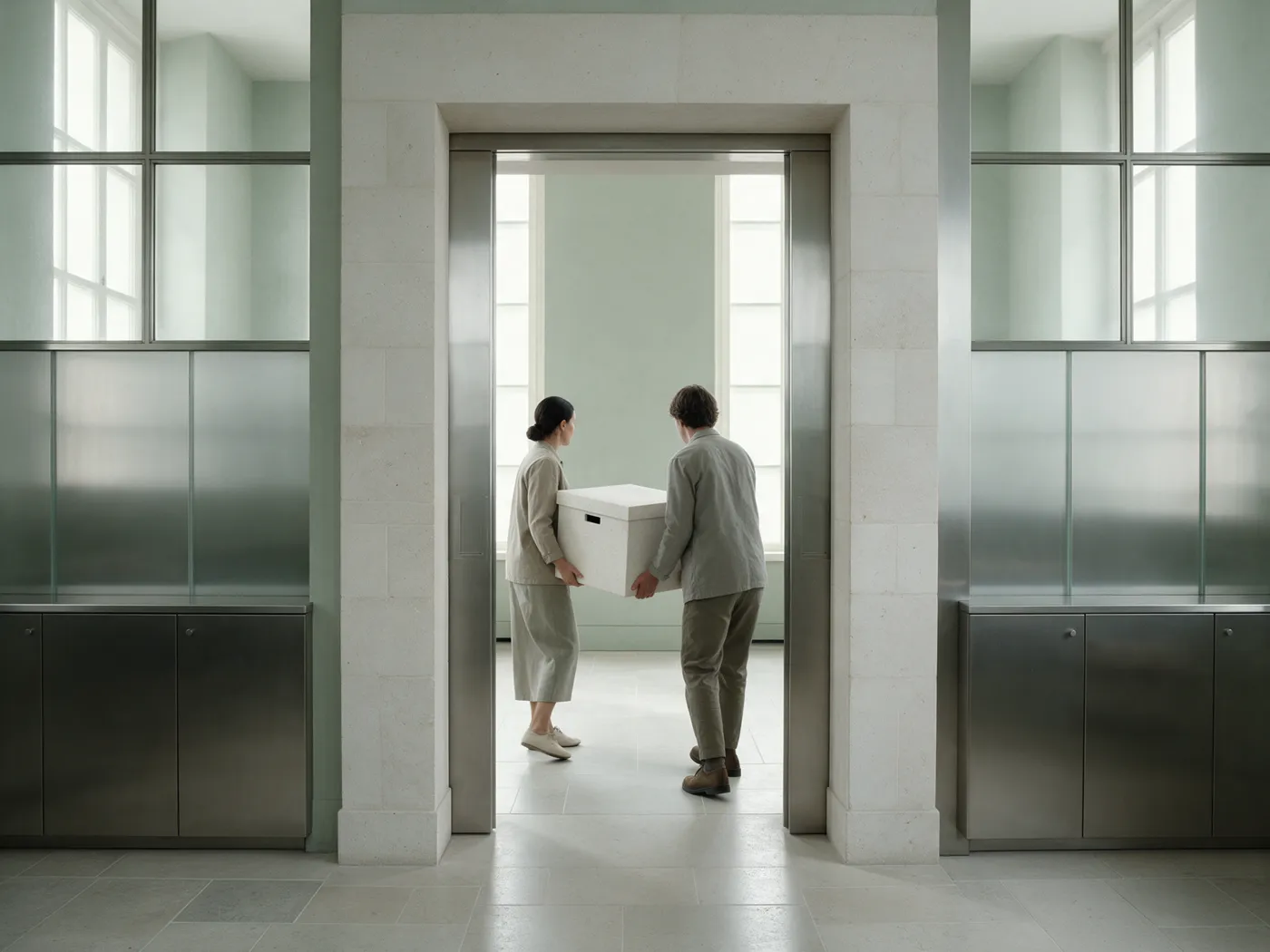 Two people carrying a box into a calm new room