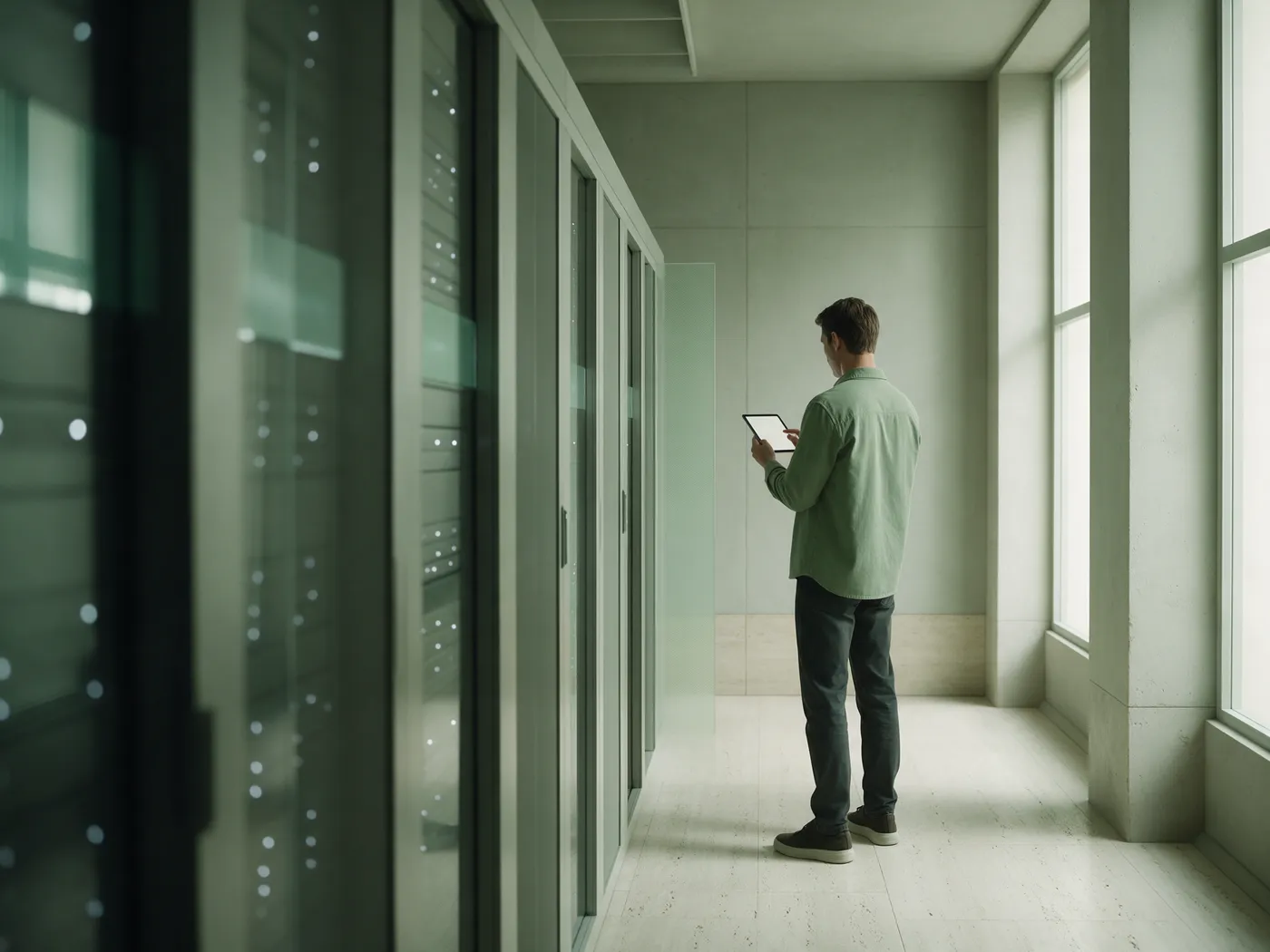 An engineer checking a quiet technical room