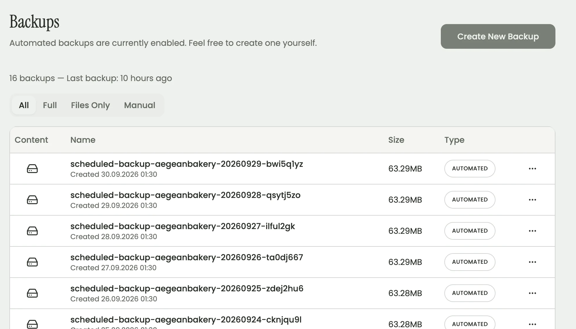 Grandhosting dashboard: a list of automatic nightly backups, one per night