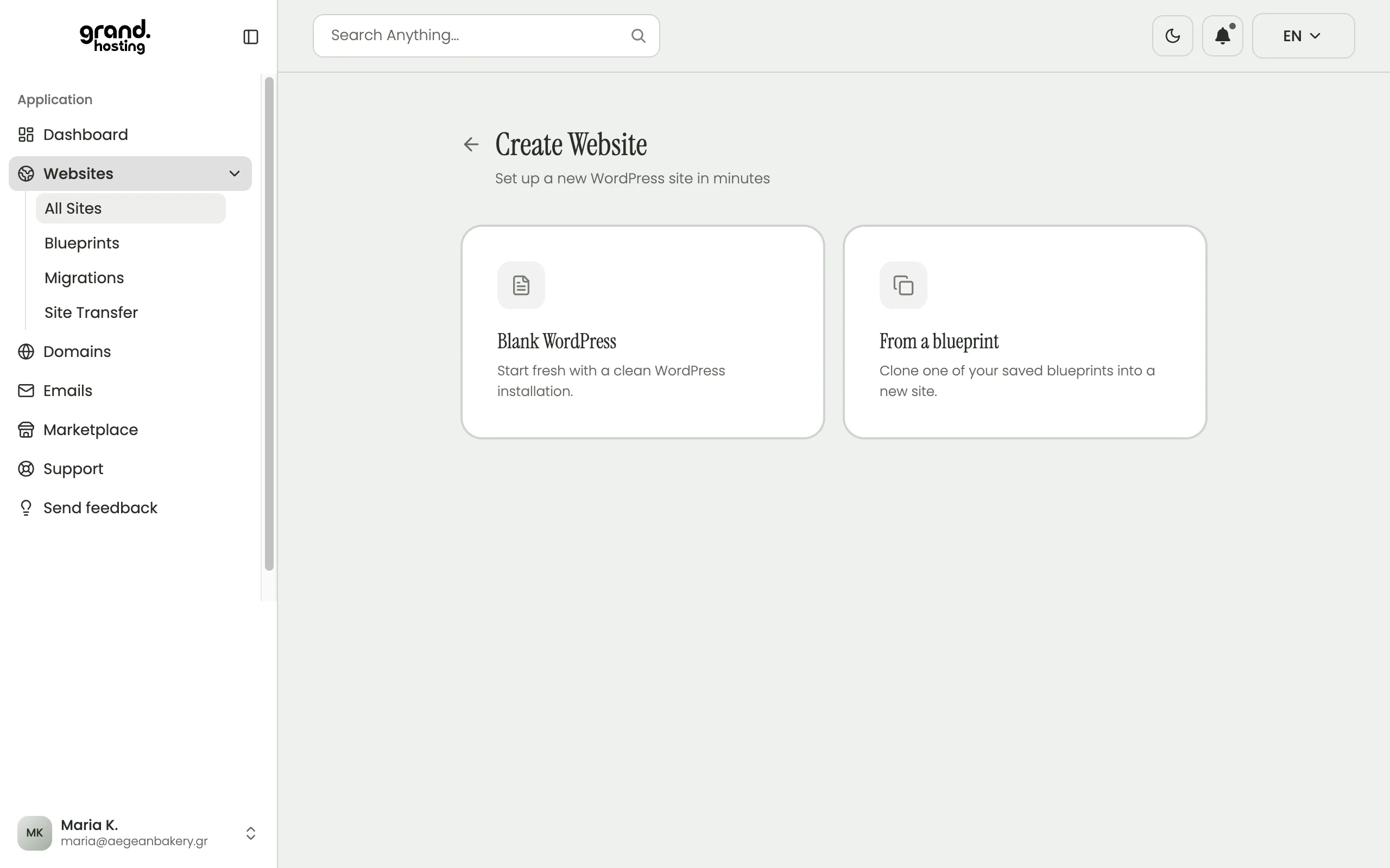 Grandhosting dashboard: create a website, either blank WordPress or from one of your saved blueprints