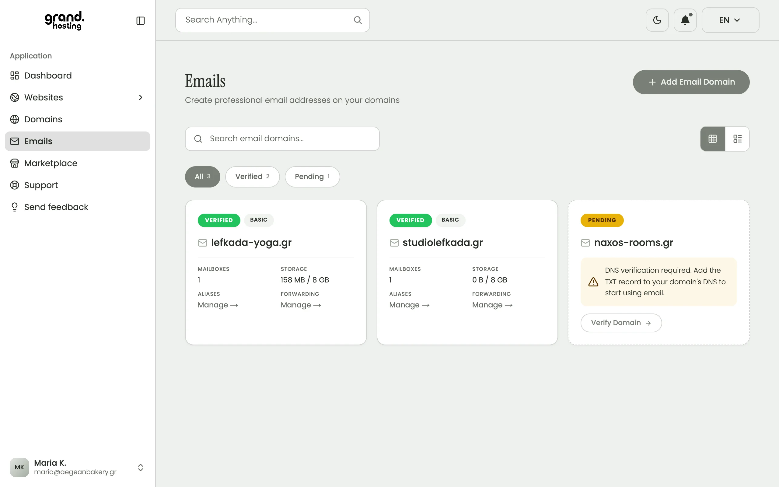 Grandhosting dashboard: email domains with their mailboxes, storage, aliases and forwarding