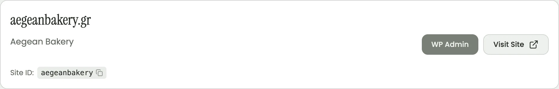 Grandhosting dashboard: a site's header with one-click WP Admin login and Visit Site
