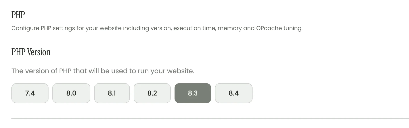 Grandhosting dashboard: choose the PHP version for a site, from 7.4 to 8.4