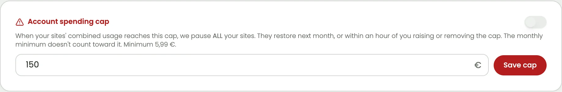 Grandhosting dashboard: an account spending limit of €150 a month