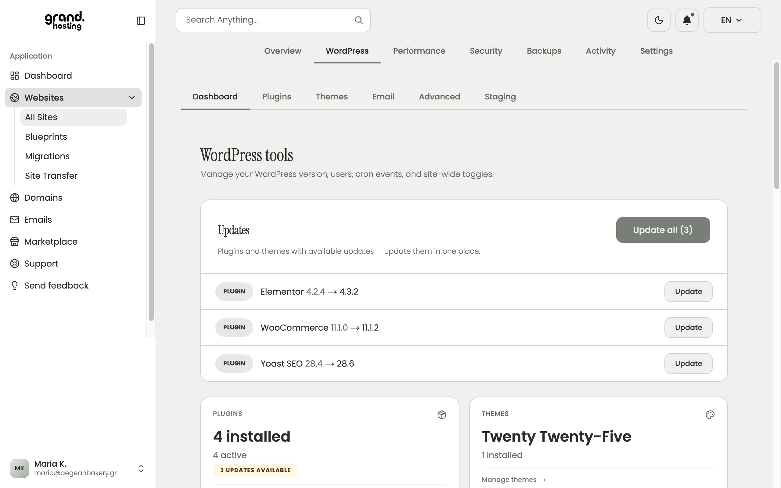 Grandhosting dashboard: plugin updates for Elementor, WooCommerce and Yoast SEO, with an Update all button