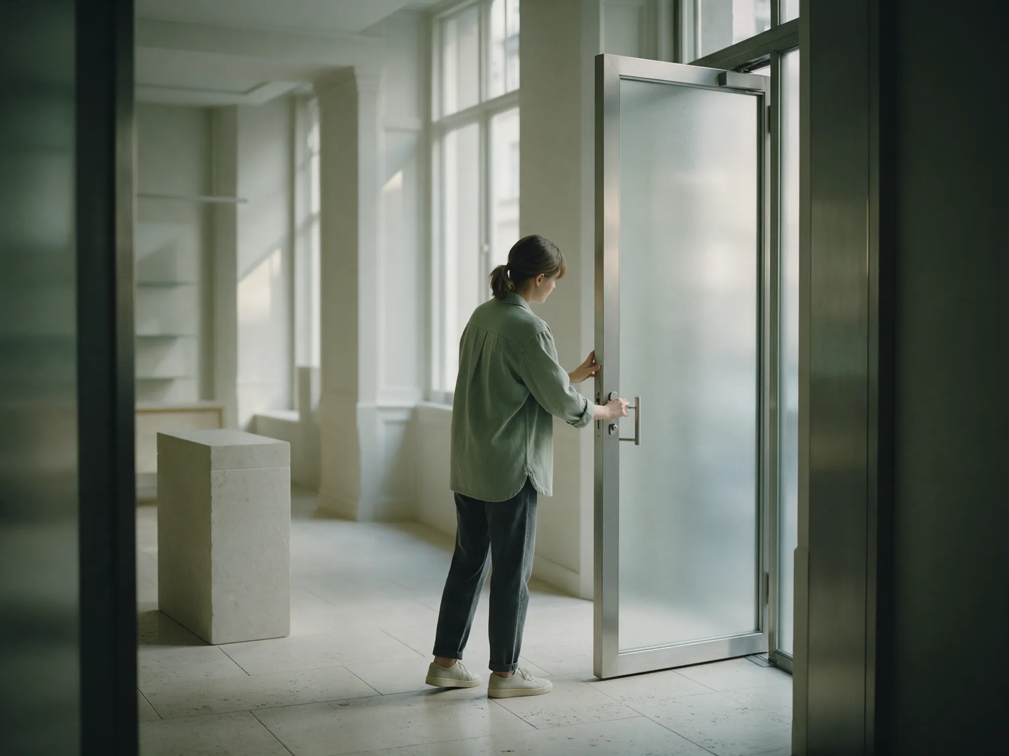 A business owner opening the door of her new shop